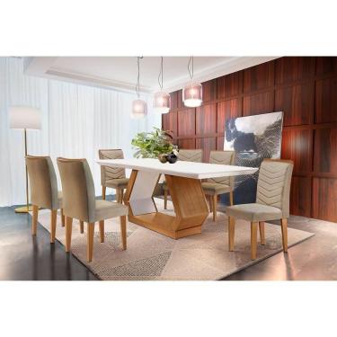 Imagem de Sala De Jantar Completa Alvorada C- Tampo Madeirado Canto Reto 180x90cm E 6 Cadeiras Londrina Imbuia-off White - Suede Capuccino - Rufato