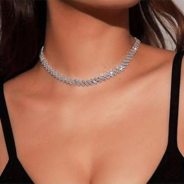 Imagem de Colar Feminino Strass Corrente Delicado Prateado Festa Luxo - - anjo d