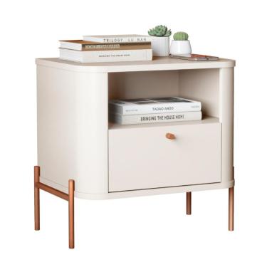 Imagem de Mesa De Cabeceira Para Quarto Com Pém Em Aço 1 Gaveta - Off White Bronze Off White Bronze