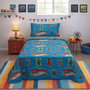 Imagem de Kit Colcha Dupla Face Azul Solteiro Infantil 2 Peças Hot Wheels Jolite