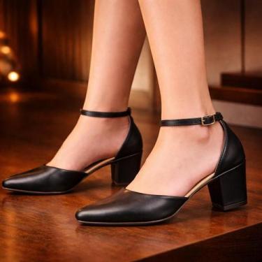 Imagem de Sapato Feminino Scarpin Fivela Bico Fino Salto Grosso Luxo Delicado - 