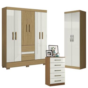 Imagem de Guarda Roupa Casal Coimbra 2005138 com Armário Multiuso e Cômoda 6 Portas de Bater 2 Gavetas MDP Atacama Off White