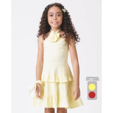 Imagem de Vestido enrugado com flor verão fofo leve confortável - Amarelo e Vermelho - Menina 4 a...