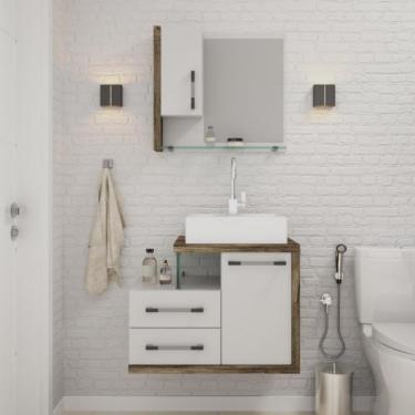 Imagem de Conjunto de Gabinete de Banheiro com Cuba Q39 e Espelheira Wood 2 PT 2 GV Branco e Carvalho Dark