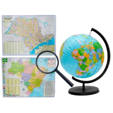 Imagem de Kit Globo Terrestre Inflável 17cm  + Lupa + Mapas do Brasil e Estado de SP 120x90cm Escolar Decorativo