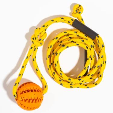 Imagem de Runball Conjunto de brinquedos Ball on a Rope para cães ao ar livre, treinamento de cachorro, exercício, mastigação, dispensador de petiscos, esconderijo e puxe, brinquedo de corda durável de 3 metros, bola laranja de 7 cm, para cães médios e grandes