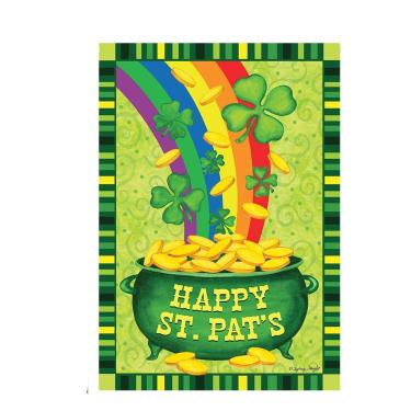 Imagem de Bandeira da Casa de Dtzzou Happy St.Pats 71,12 cm x 101,6 cm Bandeira decorativa de trevo de trevo de trevo de jardim dourada Pote Moeda Arco-íris Bandeira dupla face para decoração de dia de São Patrício