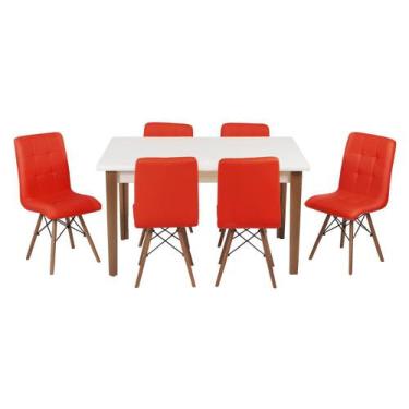 Imagem de Conjunto Mesa De Jantar Luiza 135cm Branca Com 6 Cadeiras Gomos - Verm