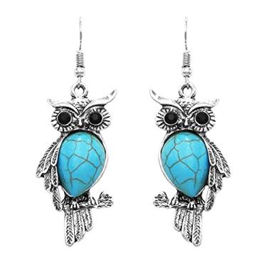 Imagem de Rosemarie & Jubalee Brincos femininos estilo ocidental semipreciosos howlita turquesa pedra Hootiful coruja sábia pendente, 5,7 cm, Metal, Howlita tingida