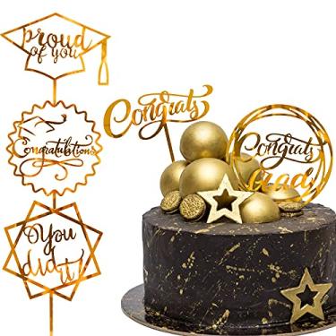 Imagem de Whaline Topo de cupcake de formatura dourado acrílico topo de bolo Parabéns Grad You Did It Parabéns 5 peças de mesa para decoração de bolos, palitos para decoração de bolos, 10 peças