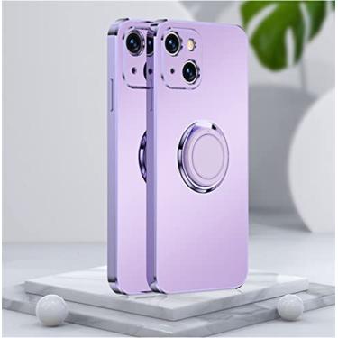 Imagem de Capa macia fosca quadrada fosca de luxo para iphone 14 13 12 11 pro xs max mini se x xr 7 8 plus suporte de anel de metal tampa traseira, roxo, para i7 plus i8 plus