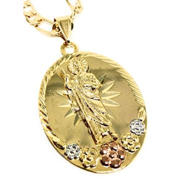 Imagem de Colar com pingente de flor de São Judas banhado a ouro Figaro 66 cm San Judas Tadeo Medalla Con Flores Cadena