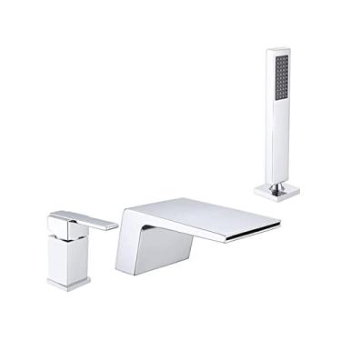 Imagem de LIDON Cachoeira Torneira de Banheira 3 Furos Torneira de Enchimento de Banheira de Montagem no Deck Torneira de Banheira de Latão Torneira Misturadora de Chuveiro de Mão e Mangueira de Chuveiro, Alça única, Água Quente e Fria, Cromado (Cor: Cromado)