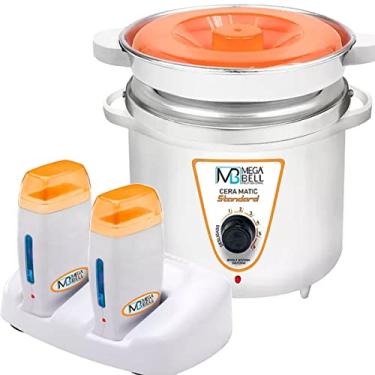 Imagem de Termocera Panela Depilação 900g c/Refil + Base Dupla c/ 2 Rollon Branco c/Laranja Mega Bell