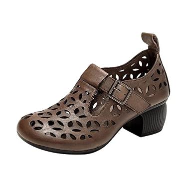 Imagem de Sandálias de couro macio oco único feminino fundo grosso primavera e verão respirável com fivela de furo sapatos de malha sapatos casuais femininos sandálias cravejado para mulheres bege (cáqui, 7)