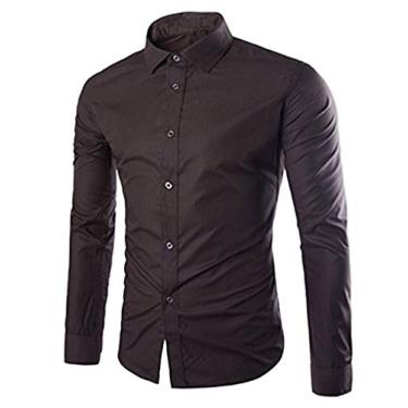 Imagem de Cicilin Camisa social masculina lisa manga longa slim fit camisa casual com botões, Marrom, PP