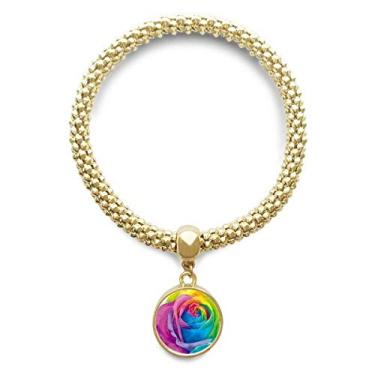Imagem de DIYthinker Arco-íris Gay Flor LGBT Pulseira Dourada Pingente Redondo Joia Corrente