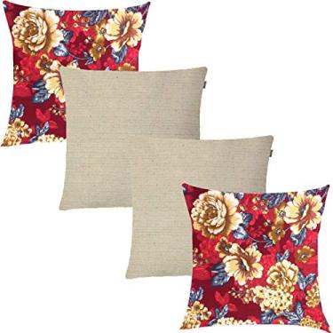 Imagem de Kit 4 Capas de Almofadas Composê Floral Vermelho e Linho 45x45cm