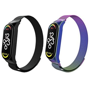 Imagem de Kit 2 Pulseira magnética de metal para Xiaomi Band 7 6 5 4 3, pulseira de substituição de aço inoxidável ajustável para smartwatch, adequada para mulheres, homens, esportes e trabalho. (Mi Band 3/4/5/6, Preto + Colorido)