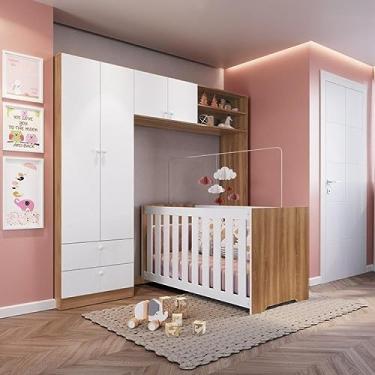Imagem de Conjunto para Quarto de Bebê com Guarda Roupas e Berço com Colchão Completa Móveis Nogal Manchester/branco