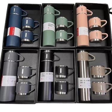 Imagem de Kit Garrafa Térmica 500ml Com 3 Xícaras inox "PRETA "aço cafe água quente ou Frio vácuo vacuo isolada vibets
