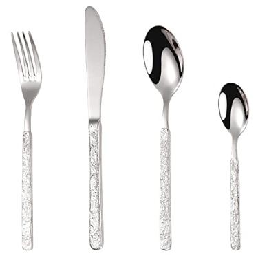 Imagem de Conjunto de talheres de prata martelados de 32 peças para 8, conjuntos de talheres de aço inoxidável premium 18/10, conjunto de talheres multiuso para casa, cozinha, restaurante, hotel, utensílios de mesa