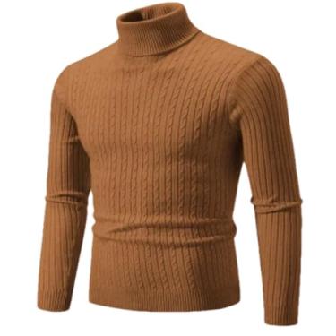 Imagem de KANG POWER Suéter quente de gola rolê outono inverno suéter masculino pulôver fino suéter masculino malha camisa inferior, Caramel, X-Small