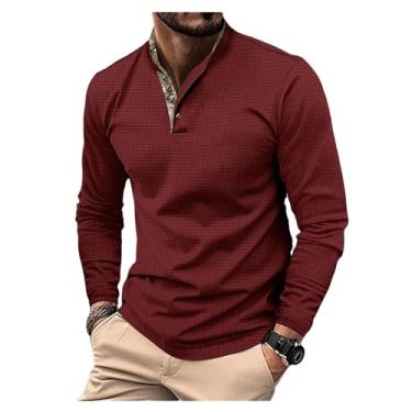 Imagem de Camisa polo masculina estampa waffle gola larga gola de golfe meia frente botões cor sólida pulôver, Vinho tinto, 3G