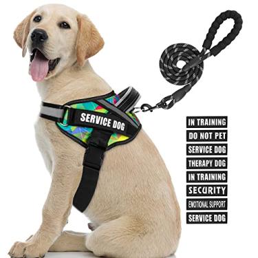 Imagem de Conjunto de peitoral e guia para cães de serviço, animire em adestramento de cães com 8 emblemas para cães, coleira refletiva para cães pequenos, médios, grandes e extragrandes (multicoloridos, G)