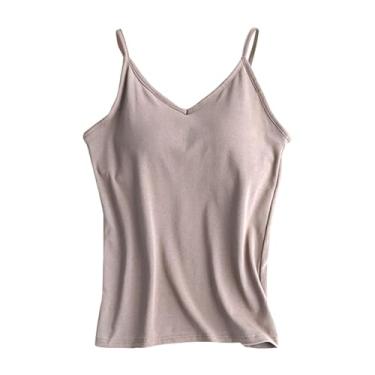 Imagem de Camiseta feminina de algodão, sutiã embutido, alças finas, alças finas, camiseta com sutiã de prateleira, Caqui, GG