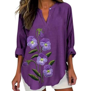 Imagem de Camiseta feminina de linho com manga 3/4 de conscientização sobre Alzheimer, estampa floral, roxa, casual, solta, verão, Roxa, G