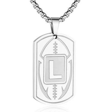 Imagem de Colar masculino com letra A-Z com pingente de futebol americano, corrente de aço inoxidável 55 cm + 5 cm, joia personalizada para atletas esportivos, presente, Prata, Sem Pedra Preciosa