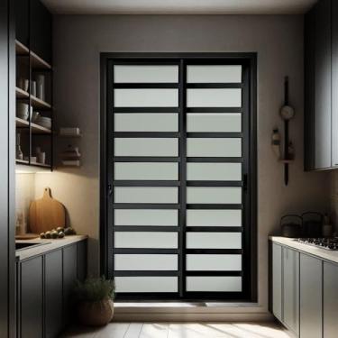 Imagem de Porta de Correr com Travessas 2 Folhas Moveis 210 X 120 Elite com Fechadura Tetra Vidro Liso Preto