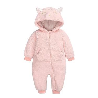 Imagem de Macacão infantil de urso de Halloween com orelhas fofo moletom com capuz de pelúcia macacão outono inverno manga longa body com zíper, Rosa, 0-3 Months