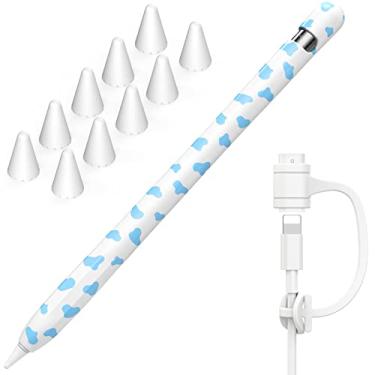 Imagem de NIUTRENDZ Capa com estampa de vaca para Apple Pencil 1ª geração, capa protetora de silicone, acessórios de manga com pontas de lápis da Apple e cabo adaptador de cabo (azul)