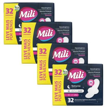 Imagem de Kit 4 Absorvente Pacote 32 Unidades Noturno Mili Suave Com Abas / Extr