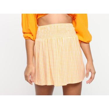 Imagem de Saia Vista Magalu Curta Evasê Viscose Xadrez, Laranja, M