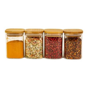 Imagem de Kit 4 Potes de Vidro Tampa Bambu Quadrado Flat 200ml Oikos, U, NATURAL
