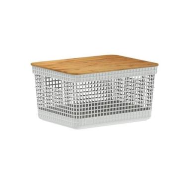 Imagem de Cesto Organizador Grid Com Tampa Bambu Branco 2,5L Ou