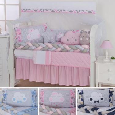 Imagem de Kit de berço quarto de bebe bordado completo doce nuvem com mosquiteir
