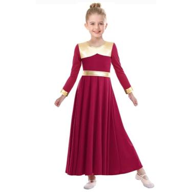 Imagem de ZYACTU Vestido de dança de louvor para meninas, metálico, manga comprida, fantasia litúrgica, roupa de dança lírica, roupão de igreja, 02 - vinho tinto, 7-8 Anos
