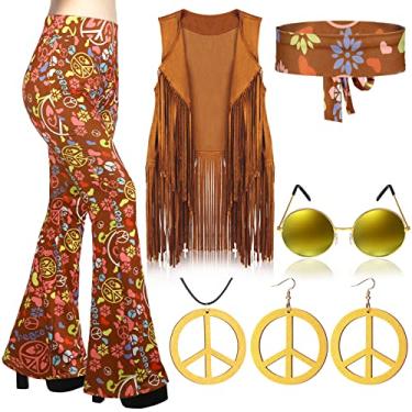 Imagem de Haull Conjunto de 7 peças de roupas femininas hippie discoteca dos anos 60, 70, conjunto de fantasia de Halloween, calça rodada, colete com franja, sinal de paz, Multicor, X-Large