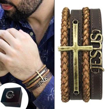 Imagem de Pulseira Ajustável Couro Masc Jesus Cruz Marrom Ouro Velho - GRANADO A