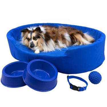 Imagem de Kit Pet Grande Cama Europa Potes Água Ração Coleira Bolinha - Supri Pe