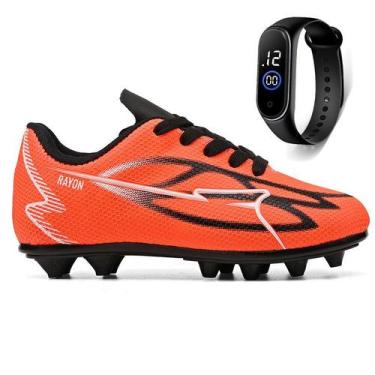 Imagem de Kit Chuteira Infantil Futebol Meninos Trava Campo Grama Natural + Relo