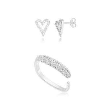 Imagem de Anel + Brinco Aparador Quadrado Regulável Segundo Furo Love Zircônia C