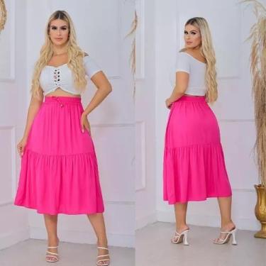 Imagem de Saia Midi Gode Cintura Alta Rodada Em Viscolinho - PINK - CLICK TUDO, 