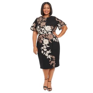 Imagem de London Times Vestido feminino com gola joia, manga esvoaçante, elegante, elegante, elegante, comprimento midi, Preto/caramelo creme, 54