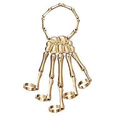 Imagem de Caiyao Pulseira gótica de Halloween caveira esqueleto dedos de metal pulseira de osso com anel ajustável Joia punk feita à mão para mulheres e meninas Dourado