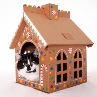 Imagem de Casa de gengibre com arranhador – Casa de brinquedo de Natal de gengibre para gatos, gatinhos, coelhos, coelhos, com folha de adesivo gigante para decoração